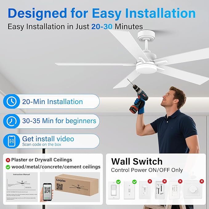 60” Smart Ceiling Fan with Lights Remote,Control via Alexa Google Voice App Wifi,Silent DC Motor,Dimmable,Outdoor Indoor Modern Ceiling Fans for Large Bedroom Patio Porch,White and Wood
