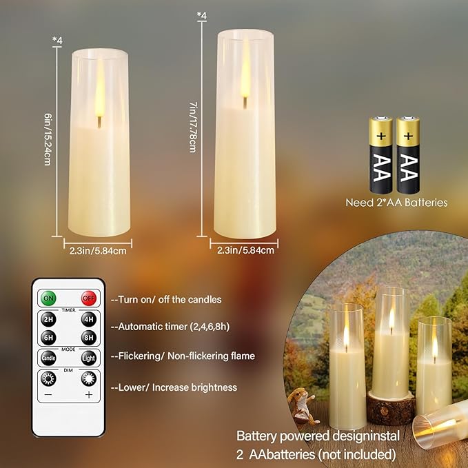 8Pcs Flameless Candles, Battery Operated Candles, LED Flickering Candles with Remote, Realistic Dancing Flame, Acrylic Ribbed Design for Home Holiday Wedding, Party D2.2 (Ivory)