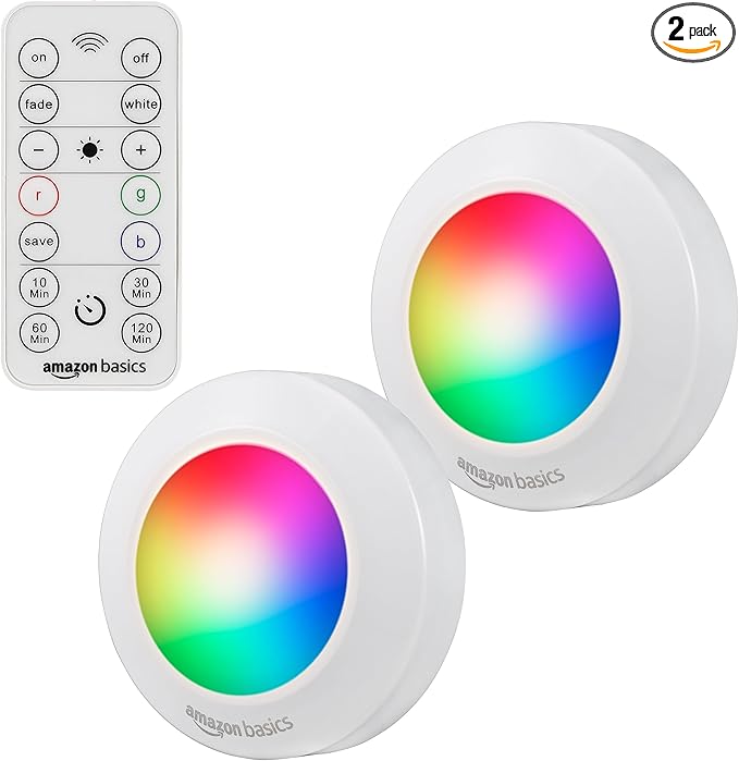 Amazon Basics LED Puck Lights, Color Changing, Battery Operated, IR Remote, 40 Lumens, Under Cabinet Lighting, Wireless Stick on Lights, Ideal for Closets, 2-Pack, White