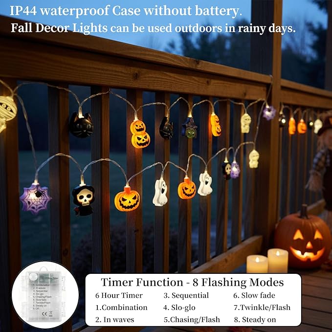 Halloween String Lights, 10 FT 20 LED Fall Fairy Lights USB & Battery Optional Halloween Decor Autumn Light 8 Flashing Modes Cute Skull String Lights 2025 Indoor Outdoor Decor for Home Yard Patio