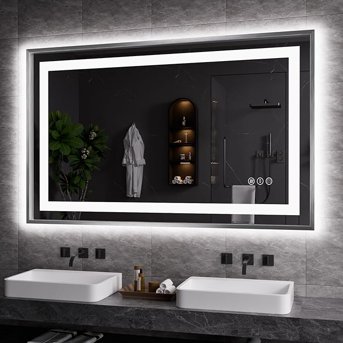 Amorho 48" X30" LED Bathroom Mirror, Brushed Nickel Framed Mirror with Front Light and Backlit, Stepless Dimmable, Anti-Fog, Shatter-Proof, Memory, 3 Colors Lighting