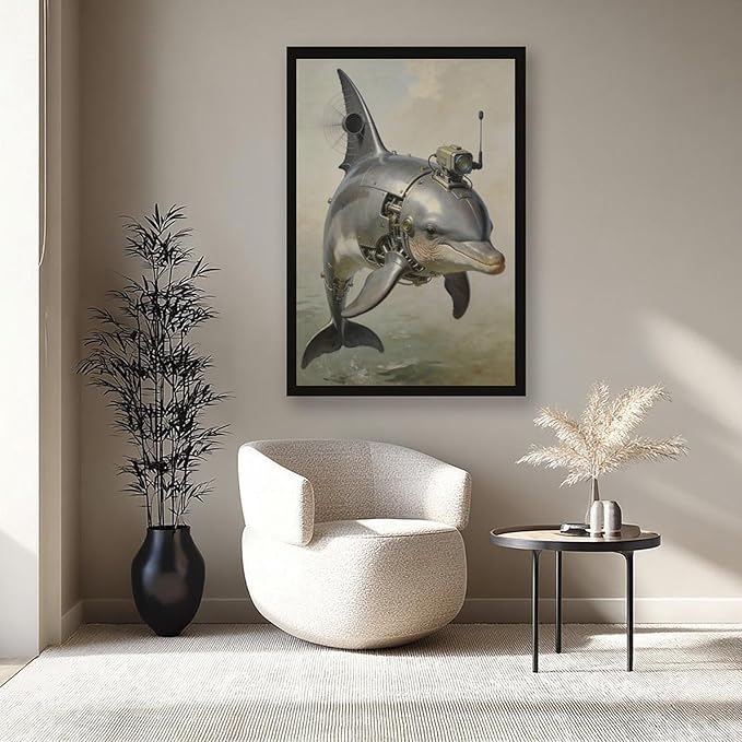 Framed Steampunk Mechanical Dolphin Wall Art - Marine Retro-Futuristic Poster for Beach House Living Room Decor 24x36in
