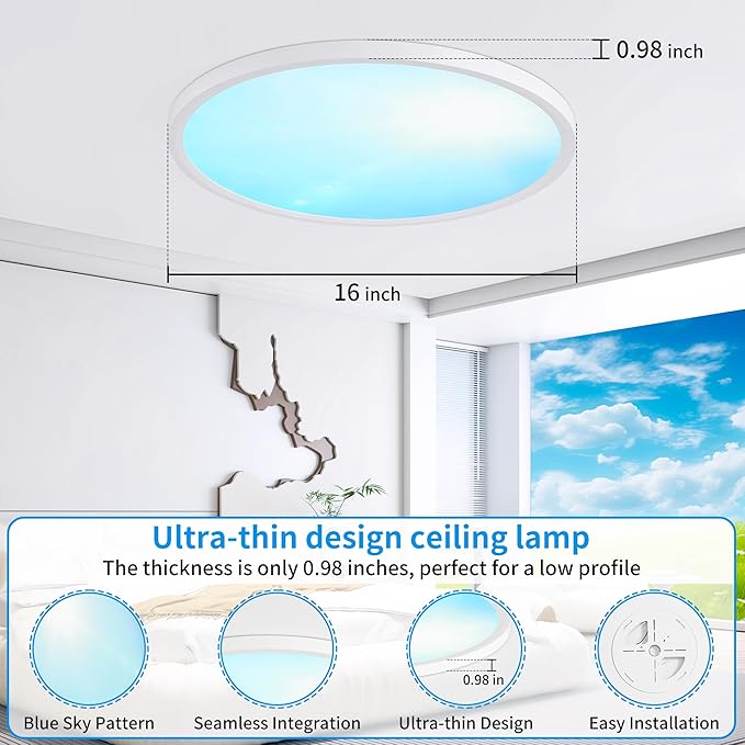 16 Inch Flush Mount Ceiling Light Fixture,24W Dimmable Ceiling Light with Remote, 3000K/4500K/6000K Adjustable White Ceiling Lights, Blue Sky LED Round Flat Panel Light for Kitchen, Bedroom