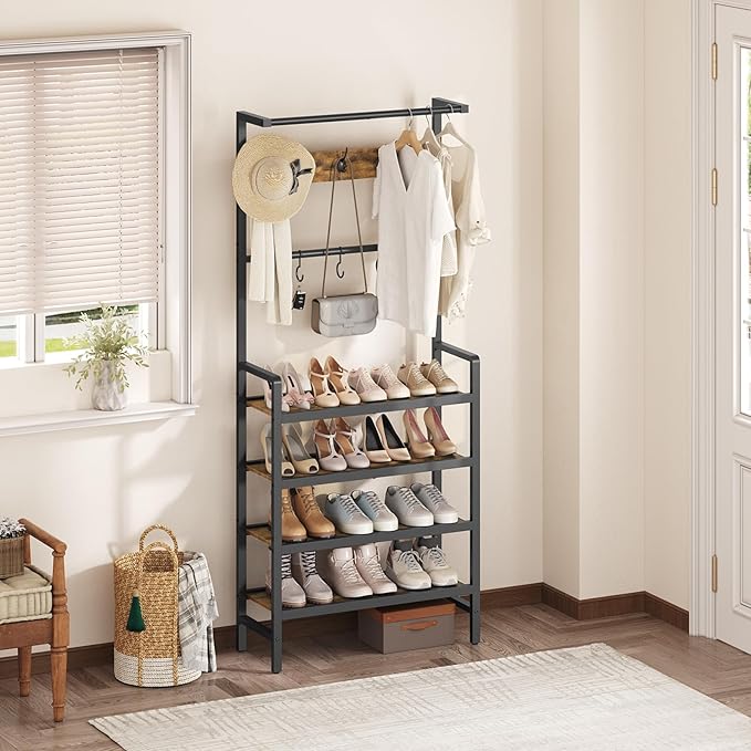 Hall Tree, Coat and Shoe Rack, Entryway Coat Rack with 4-Tier Wooden Shoe Rack and 10 Hooks, Freestanding Hall Tree with Shoe Storage for Entryway, Hallway, Rustic Brown and Black MT09BR