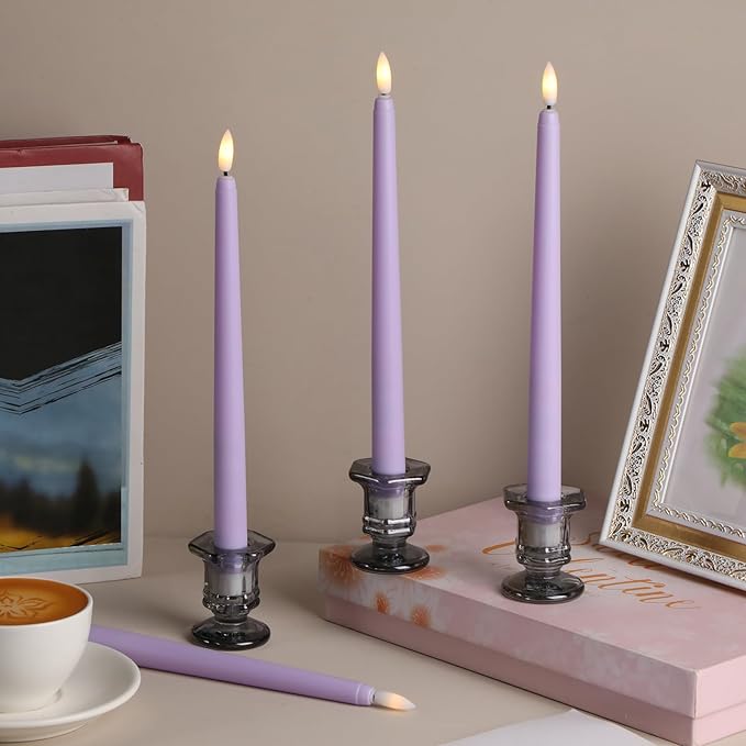 Macarrie 24 Packs Flameless Taper Candles Battery Operated Fake 11 Inch Long Candlelight LED Flameless Candlesticks Flickering Tapered for Spring Summer Wedding(Lavender Purple)