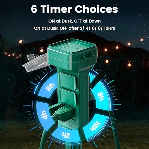 SURAIELEC Outdoor Power Stake Timer, Dusk to Dawn Light, 6 Grounded Outlets Power Strip Weatherproof, 6FT Extension Cord Countdown Outlet for Yard, Garden, Christmas, Outdoor Light, 1875W/15A, Green
