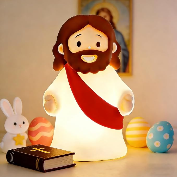Jesus Night Light Rechargeable Bedside Lamp, Dimmable Silicone LED Religious Gift & Decor, Portable & Cordless for Baptism, Sunday School & Church Gathering Gifts, Christmas and Easter Holiday Gifts