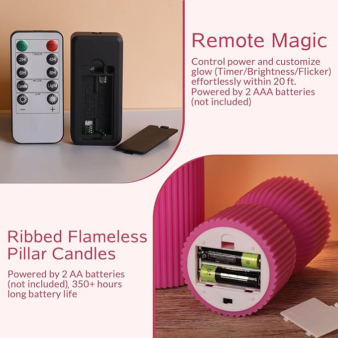 Hot Pink Ribbed Flameless Pillar Candles with Remote, Real Wax Flickering Battery LED Candles Set of 2