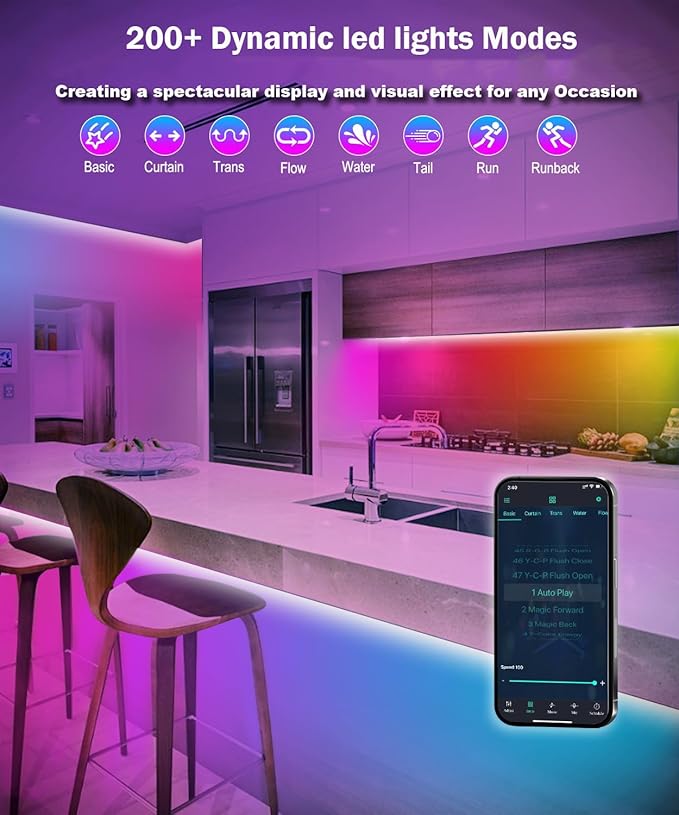 LED Strip Lights for Bedroom 33 FT, IC-RGB LED Lights for Room with Remote Bluetooth APP Control, USB LED Light Strip for Ambient Lighting Room Decor Christmas Halloween