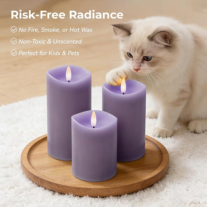 Purple Flameless Candles with Remote and Timer, Real Wax Made LED Pillar Candles Battery Operated with 3D Flickering Flame Melted Edge, 3" x 4",5",6", Set of 3 (Pastel Purple)