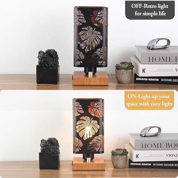 Industrial Table Lamp Sets of 2 with USB Ports and Outlet, Rustic Dimmable Bedside lamp with Charging Station, Metal Square Shadow Nightstand Lamp for Bedroom Living Room End Tables