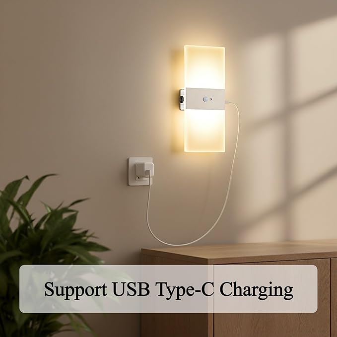 2pcs Motion Sensor Wall Sconces, Battery Operated Wall Sconce, Indoor Rechargeable USB Wall Light, Magnetic Wireless Warm White Energy Saving Wall Lamp for Hallway, Staircases, Living Room
