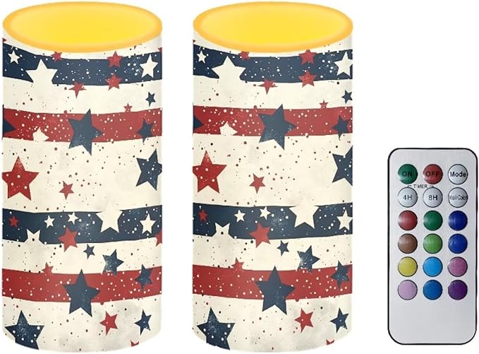 USA Flag Flameless Candles 2 Pack 6 x 3 inch Battery Operated Candles with Multicolor Timer Remote Control LED Fake Candles for Warm Light Dinner Table Home Decor