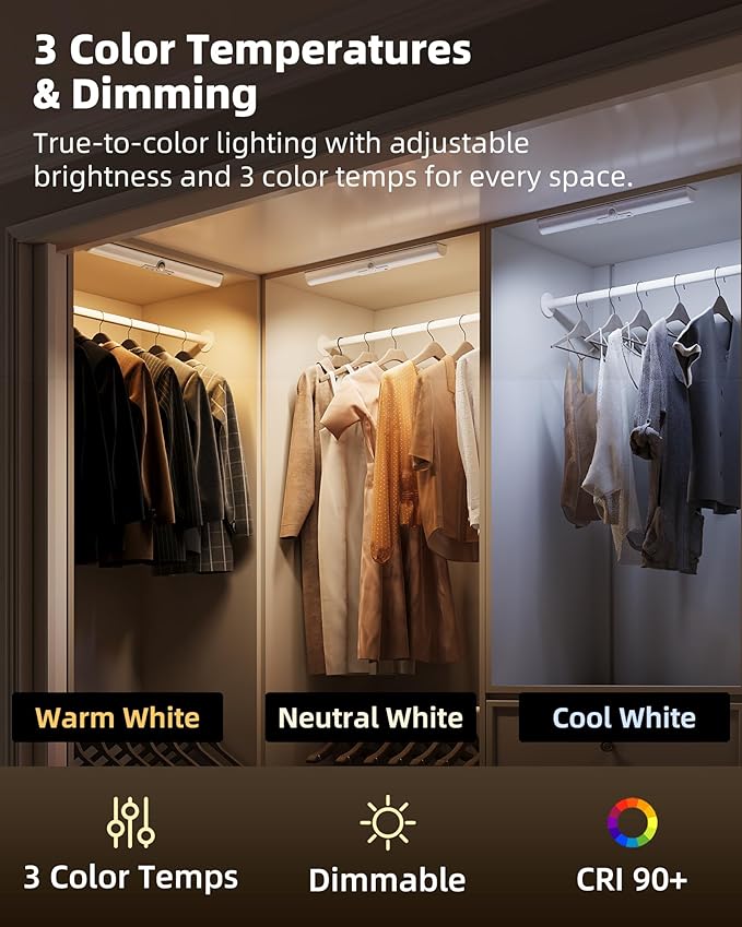 EZVALO 17-Inch LED Motion Sensor Closet Lights, 3600mAh Rechargeable Battery Operated, 150 Lumens No-Glare Curved, 3 Color Temperatures & Dimmable Wardrobe Lights for Panty & Shelves - 3Pack