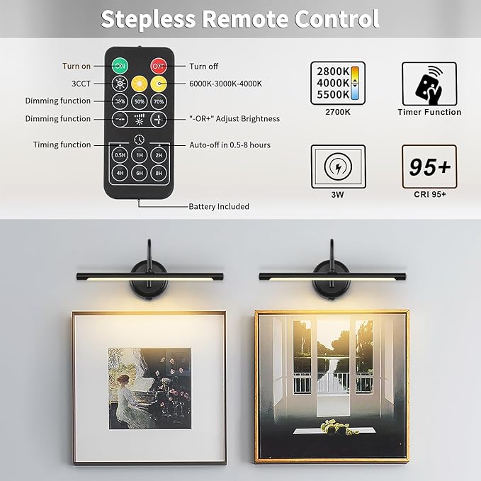 JOOSENLUX Modern Wall Lights Battery Operated Black Wireless Picture Lights for Wall 16.5" Inch Dimmable Under Counter Lights for Kitchen with Swing Arm as Canvas Wall Sconce Light 3000K CRI95+