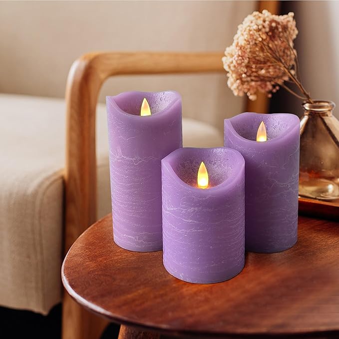 Real Wax Flameless Candles Set of 3 (D 3" x H 4" 5" 6") Battery Operated LED Candle with Timer Home Decorative Pillar Flickering Lights,Wedding Party Events Decor,Purple