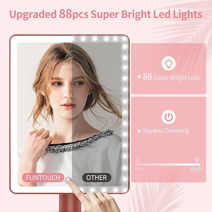 Funtouch Large Lighted Vanity Makeup Mirror, 14.56 in x 8.97 in, 88 LED, 360 Rotation Touch Screen, 10X Magnification Tabletop Cosmetic Make Up Mirror, Rose Gold