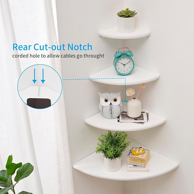 Corner Shelf, White Solid Oak Wood Floating Corner Shelves Wall Mount Round End Floating Speaker Rack Display Shelf for Small Plant Photo Frame (White, 12in)