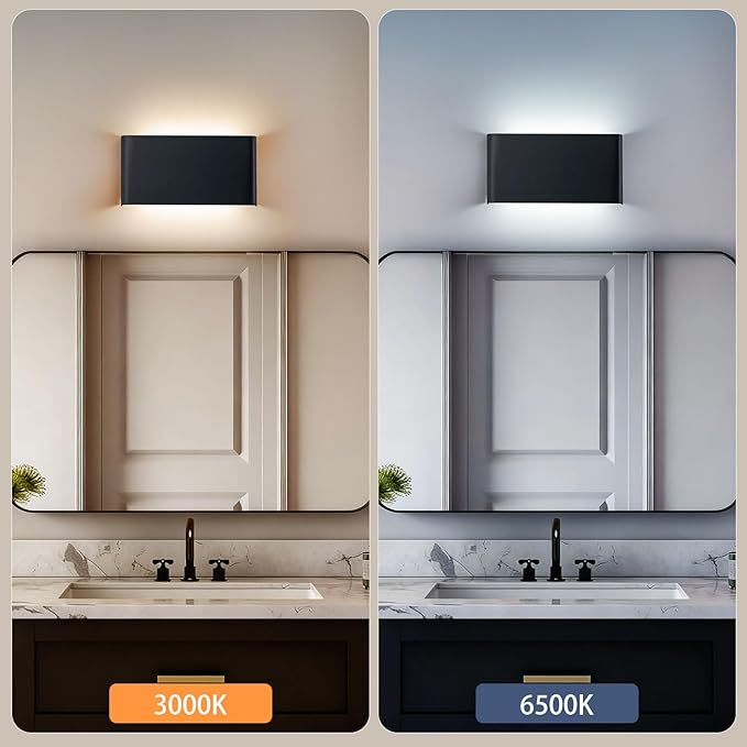 Nigaut Modern LED Wall Sconce Light, 15W 3000k-6500k Adjustable Black Bathroom Vanity Light Fixtures for Hallway Bedroom Stairwell Up and Down Lights Indoor 2-Pack