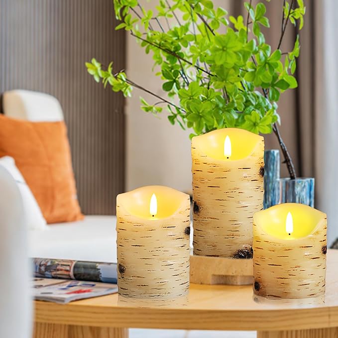 qinxiang Flameless Candles LED Candles Birch Bark Set of 3 (D 3.25" x H 4" 5" 6") Ivory Real Wax Pillar Battery Operated Candles with LED Flame 10-Key Remote Control and Cycling 24 Hours Timer