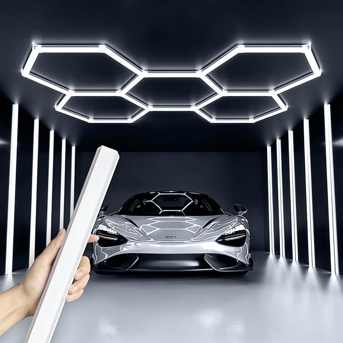 Updated Bigger Size 5 Grid Hexagon Garage LED Lights with Widen 1.33IN Illuminated Surface, 25 Pack, 26400LM Led Lights System for Garage, Basement,Warehouse (White Edge)Patent No.US0D1109406S