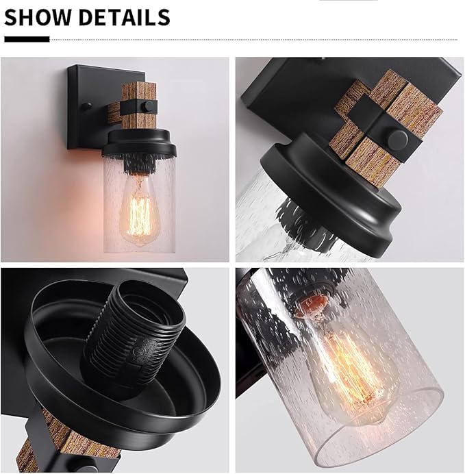 1-Light Rustic Wall Sconces Farmhouse Bathroom Light Fixtures Over Mirror, Handmade Wood Vanity Light Fixtures with Pretty Glass Shade, Wall Sconce for Bathroom Hallway Bedroom