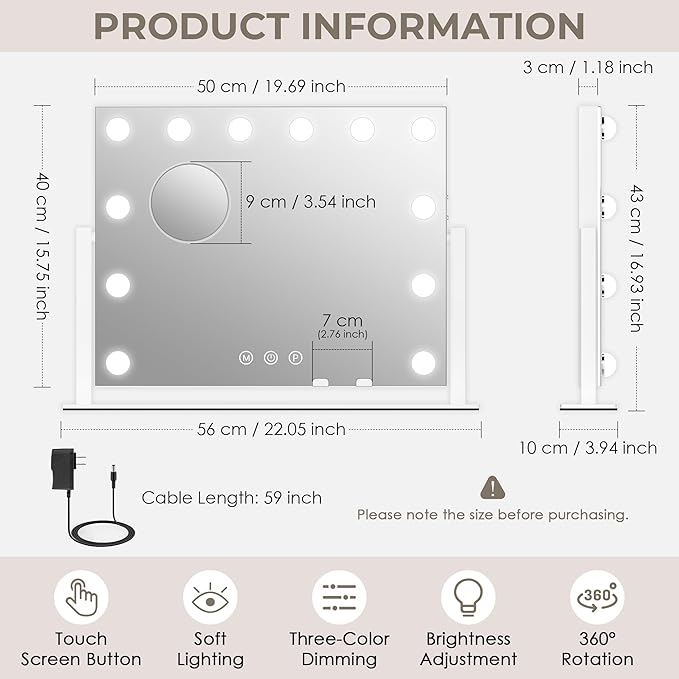 Vanity Mirror with Lights, Hollywood Lighted Makeup Mirror with 12 Dimmable LED Bulbs for Dressing Room & Bedroom, 3 Light Modes，Slim Metal Frame Design, AC-Powered, White