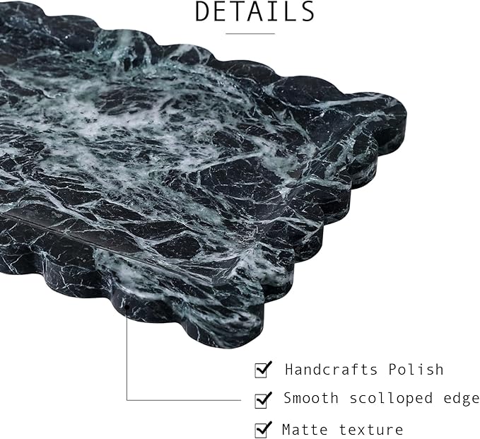 Real Luxurious Natural Scalloped Marble Tray - 10.8"x8" Verde Green Marble Vanity Tray for Bathroom Kitchen Counter - Catch All Tray for Nightstand and Home Décor