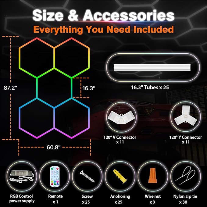 RGB Hexagon Garage Lights, Music Sync LED Hexagon Lights for Gaming Room, Smart App & Remote Control, DIY Honeycomb Ceiling Light for Studio Gym Basement Deco