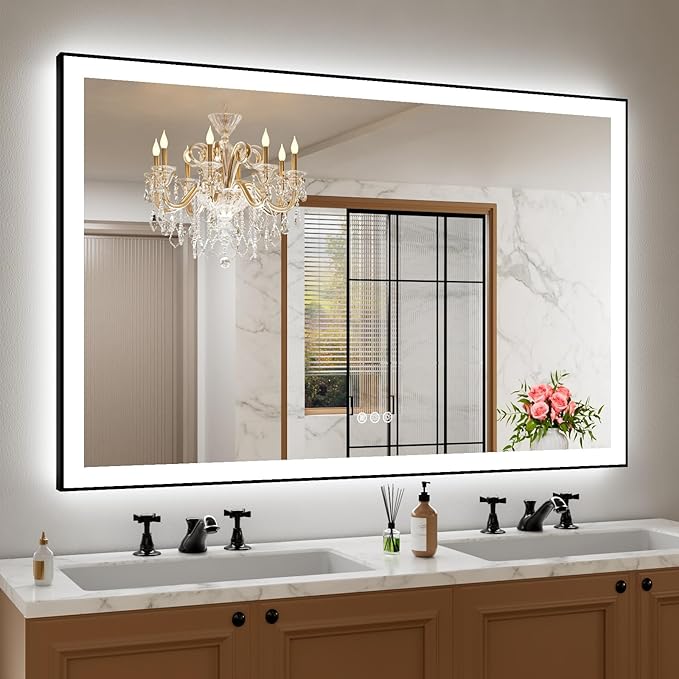 Amorho 55" X36" LED Bathroom Mirror with Black Frame, Front Light and Backlit(Controlled Separately), Stepless Dimmable, Anti-Fog, Shatter-Proof, 3 Colors, Memory