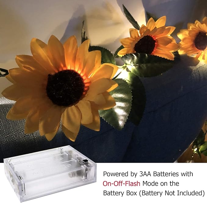 Fielegen 30 LED Artificial Sunflower Garland with Lights Battery Powered 7.2ft Sunflower Vine Fake Flowers Garland String Lights for Indoor Bedroom Holiday Garden Wedding Birthday Party Table Decor