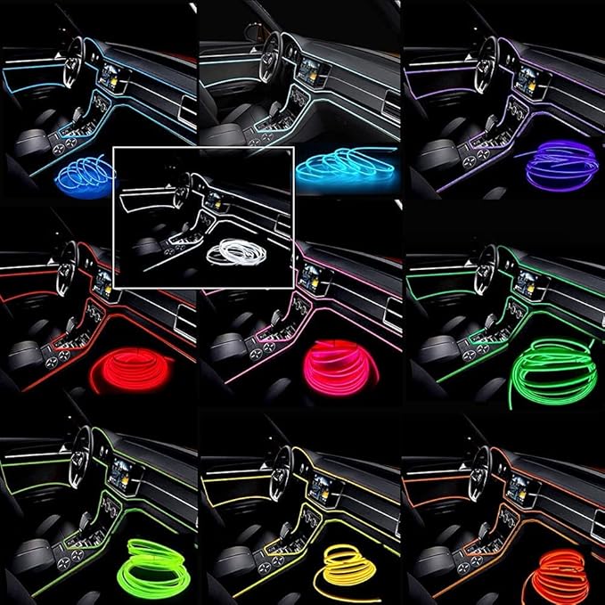 El Wire Red Interior Car LED Strip Lights, 5M Neon Wire USB 5V with Fuse Protection for Automotive Interior Decoration, with 6mm Sewing Edge
