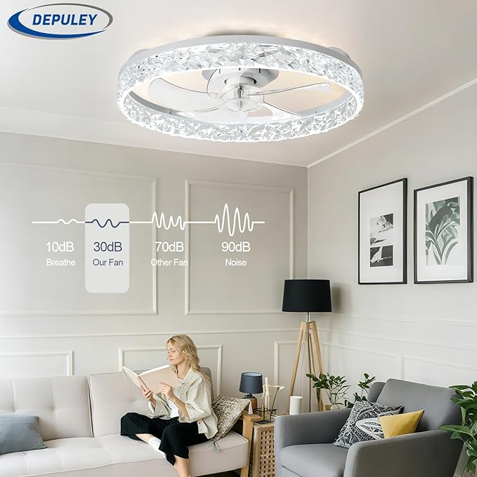 Depuley Ceiling Fans with Lights and Remote: 20" Modern Low Profile Flush Mount LED Ceiling Fan for Bedroom App Control - White Crystal Bladeless Fandelier for Living Room Kitchen Dimmable DC Motor