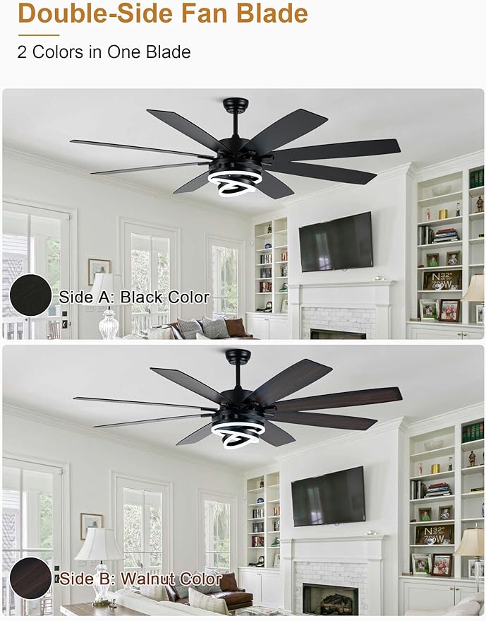 Black Ceiling Fans with Lights and Remote, 72 Inch Indoor/Outdoor Large Modern Ceiling Fan for Living Room Kitchen, Dimmable, 6 Speed Reversible DC Motor, Dual Finish