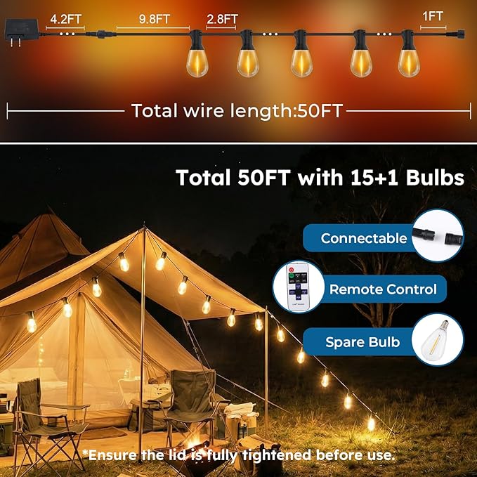 50FT S11 LED Outdoor String Lights with App & Remote, Low-Voltage Patio Lights with Music Sync, 4 Lighting Modes, Dimmable, Waterproof LED Outdoor Lights for Porch, Deck, Garden, Backyard