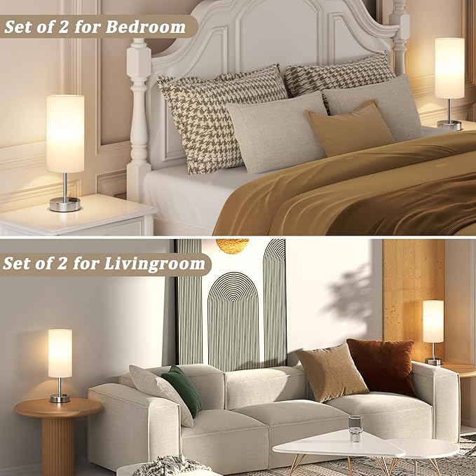 Dicoool Bedside Table Lamps for Bedroom Set of 2 - Touch Lamp for Nightstand with USB-A+C Charging Ports - 3 Way Dimmable Small Desk Lamp White for Office, Dorm Room, Living Room, Reading, Nursery