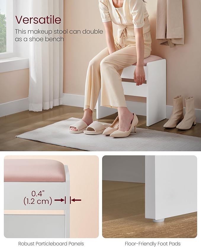 VASAGLE Kailyn Collection - Velvet Vanity Stool, Upholstered Makeup Stool, Footrest with Anti-Slip Pads, for Makeup Room, Bedroom, Entryway, Matte White and Jelly Pink URDS001W01S