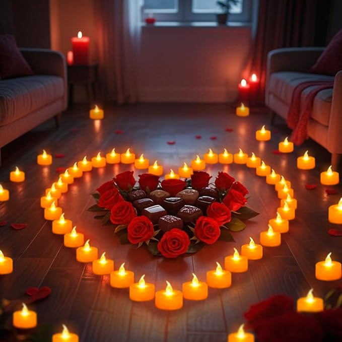 Tea Lights Battery Operated Candles LED Tea Lights Flameless Candles 200+ Hours Flickering Fake Tealights for Sweetest Day Wedding Home Decorations Party (Orange Base, 12 Pack)