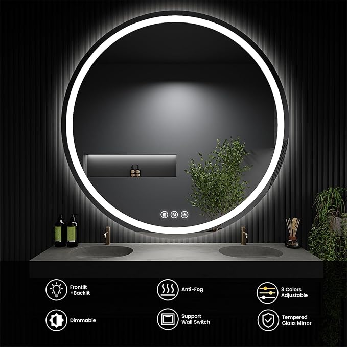 LED Bathroom Mirror 48 Inch Round Bathroom Mirror with Lights, Circle LED Mirror, Wall Mounted Lighted Bathroom with 3 Colors Brightness, Anti-Fog, Dimmable, Shatter-Proof