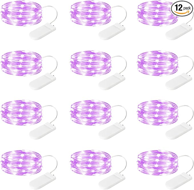 12-Pack LED Fairy Lights 7 Feet Battery Powered Waterproof Silver Wire 20 Slim Copper Wire Pastel Lights for DIY Wedding Party Bedroom Patio Easter Christmas (Purple)