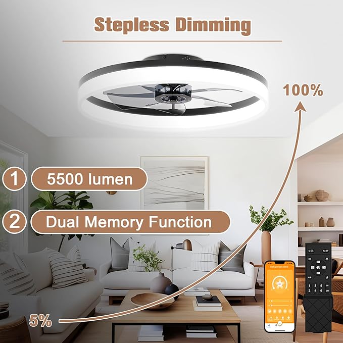 VOLISUN Low Profile Ceiling Fan with Light and Remote, 23.6in Flush Mount, Dimmable LED Fan Light, Bladeless for Bedroom (Black)
