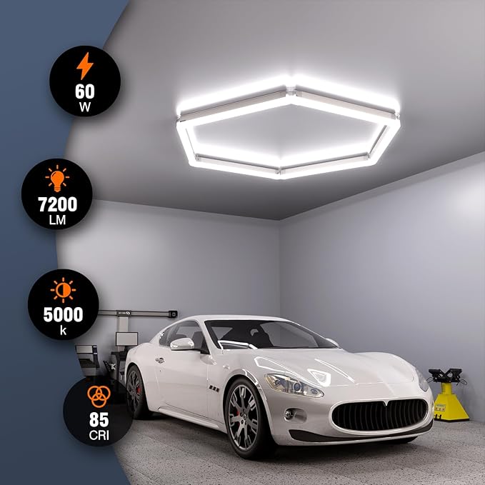 Hexagon Garage Lights, 1-HEX Updated Bigger Size, 7200lm Super Bright Car Detailing Ceiling, Led Hexagon Lights, Honeycomb Lights for Detailing, Workshop, Home Gym, Basement Garage