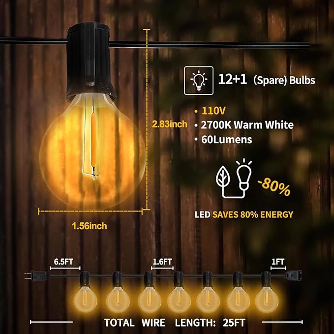 Outdoor String Lights, LED Patio Hanging Lights with Waterproof G40 Globe Plastic Bulbs for Outside Backyard Porch Garden Cafe Decor (25ft - 14 LED Bulbs)