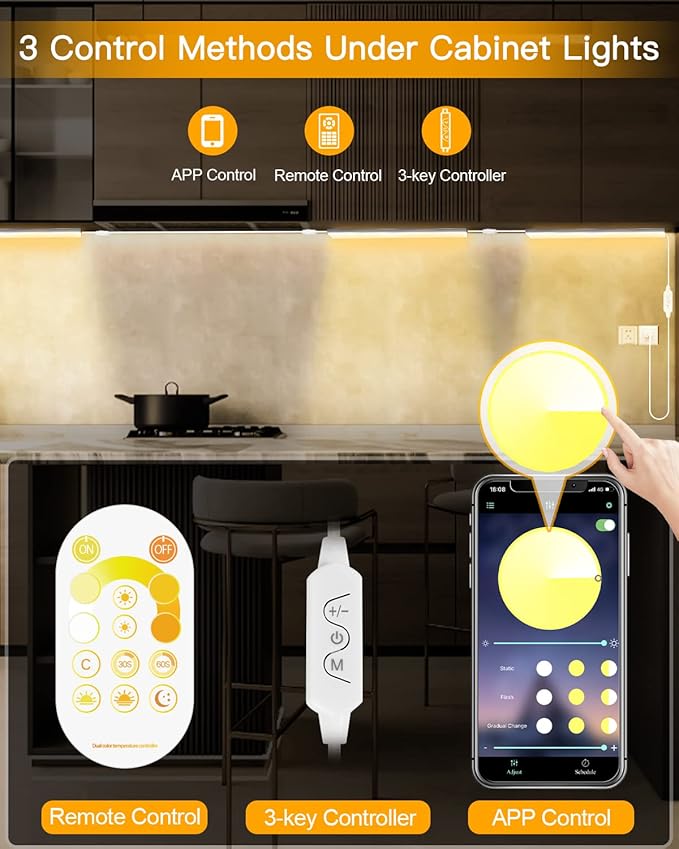 Daymeet Dimmable 12 Inch Ultra Thin Under Cabinet Lighting, Under Cabinet Lights Plug in, Multi-Color Super Bright LED Lights Bar Under Counter Lights Indoor for Kitchen, Shelf, Closet, Desk (3 Pack)