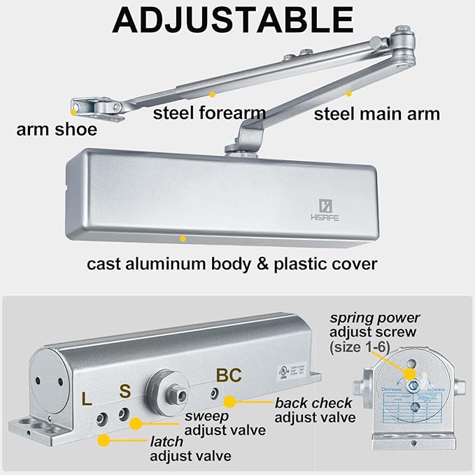 Grade 1 Commercial Door Closer, Heavy Duty Hydraulic Self-Closing Automatic Closer, Cast Aluminum Body & Steel Arm, Size 1-6, UL 3 Hour Fire Rated, ADA, Non-Hold, 3 Mount Types, DC-9