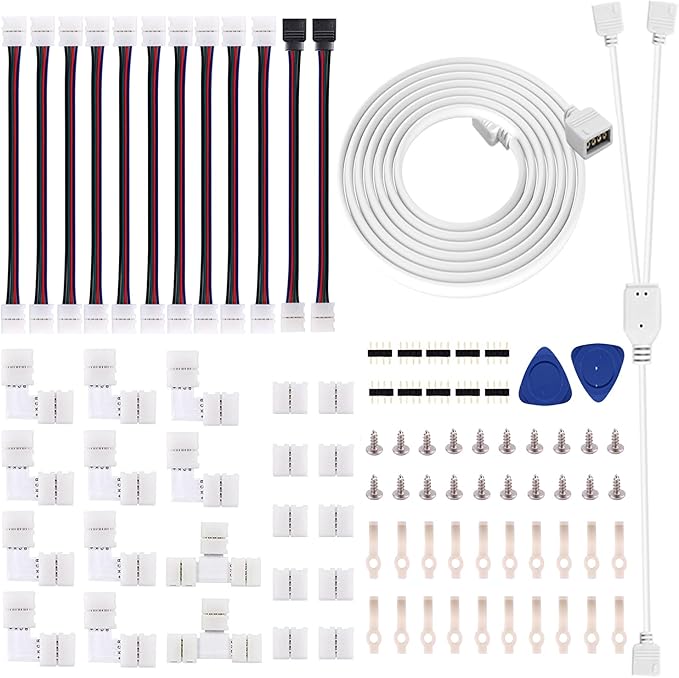 iCreating 5050 4Pin LED Strip Connector Kit 10mm RGB 4 Pin LED Connector Accessories Kit Include L LED Connectors for Strip Lights, 4-pin LED Light Strip Connectors with Wire, LED Extension Cable