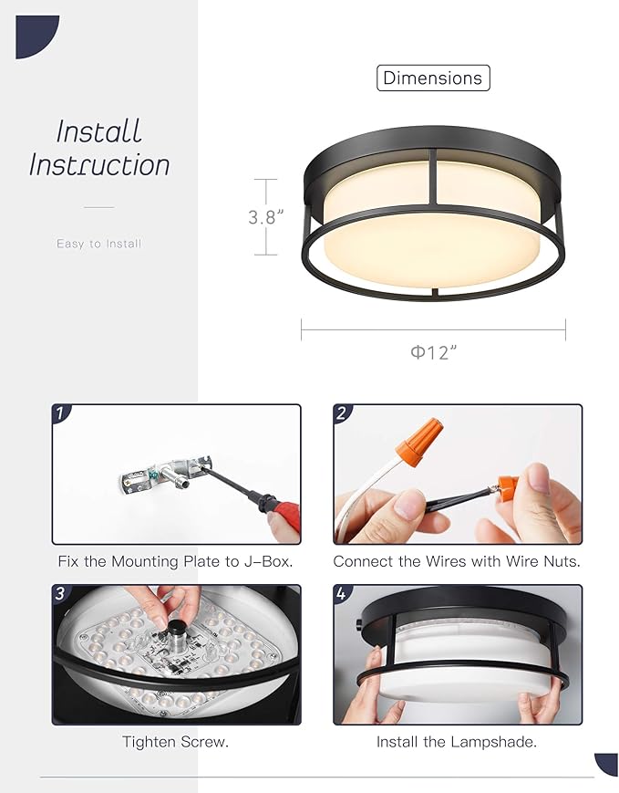 CALDION Flush Mount LED Ceiling Light Fixture, 12 Inch 24W 950Lumen Round Ceiling Light Fixtures, Dimmable 3000K Warm White, Black, Frosted Glass Shade, Close to Ceiling Lights for Hallway,6871LFM-BK