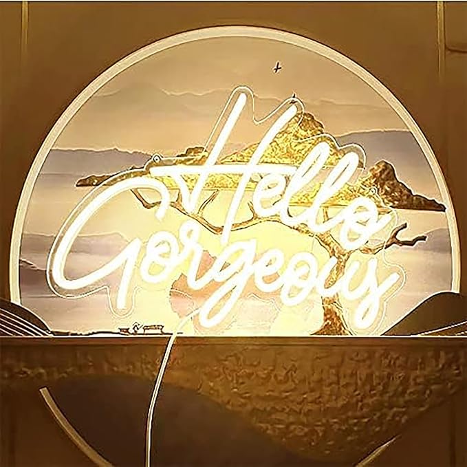 Hello Gorgeous LED Neon Sign Light Up Glow Signs USB Powered for Home Room Wall Birthday Party Wedding Decor Bar Backdrop, Hanging and Dimmable Switch