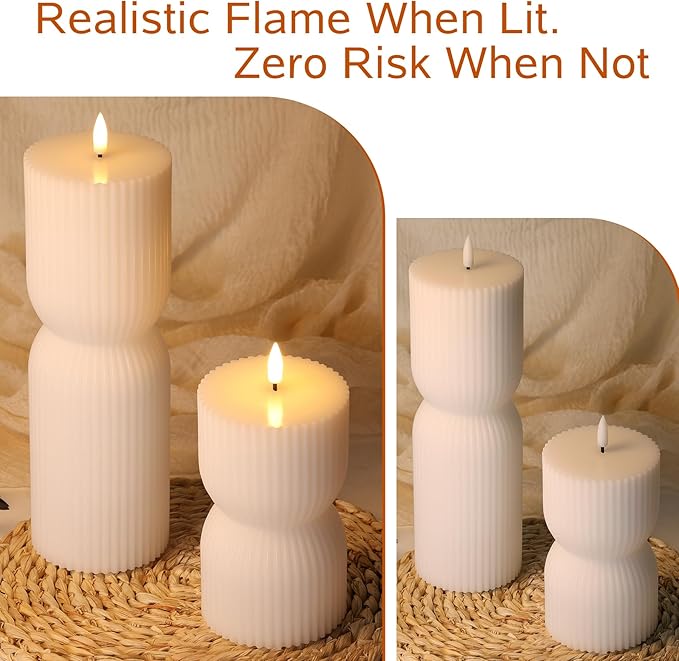 White Ribbed Flameless Pillar Candles with Remote, Real Wax Flickering Battery LED Candles Set of 2