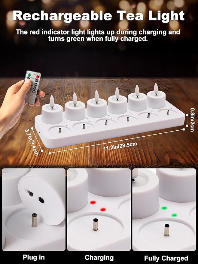 Rechargeable Flameless Tea Lights Candles with Timer Romote, 1.5"x 2" Small Votive Candle with USB Charging Base, Electric LED Candles for Wedding Centerpiece Table Decor (12 Pack)